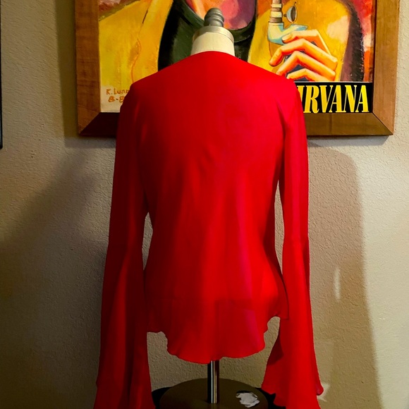 Pretty red festive sheer blouse with black embroidered flowers with black beads. - Picture 4 of 5